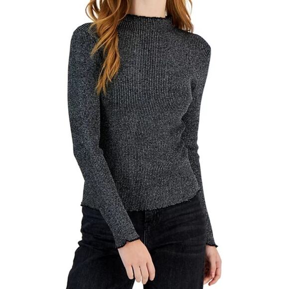 Crave Fame Juniors Ribbed Mock Neck Top in Lurex Black - Picture 1 of 1